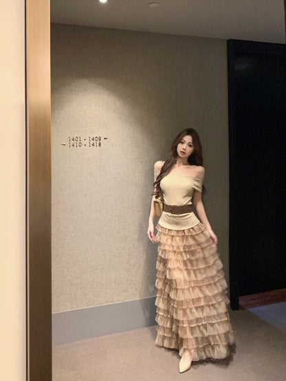 NA+ 輕奢時髦針織上衣 高腰網紗蛋糕裙