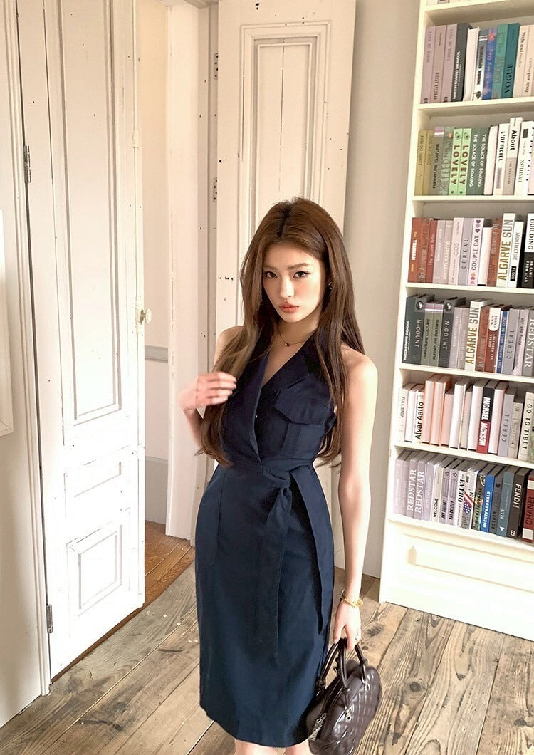 NA+ 時髦女神裙 通勤polo領無袖繫帶連身裙