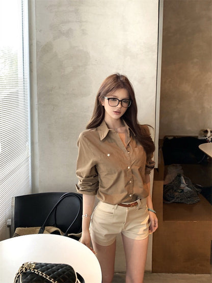 NA+ 率性女神 復古卡其色口袋襯衫/高腰休閒短褲