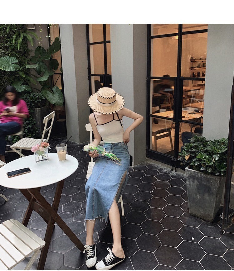 NA+ 簡約好看 修身側開衩牛仔半身裙