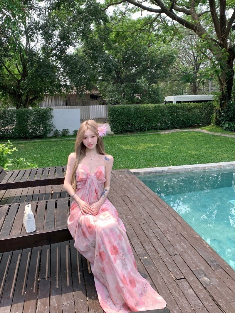 NA+ 春煙扶柳氣質扎染抹胸度假裙 粉