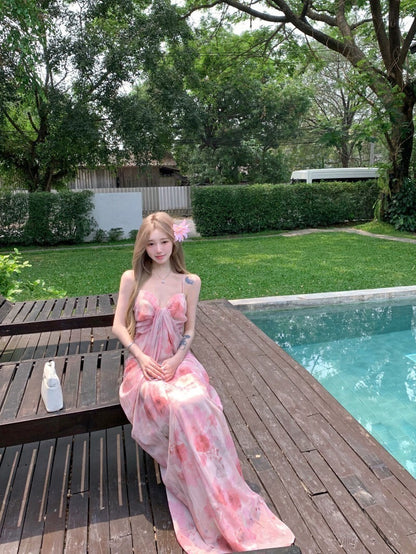 NA+ 春煙扶柳氣質扎染抹胸度假裙 粉