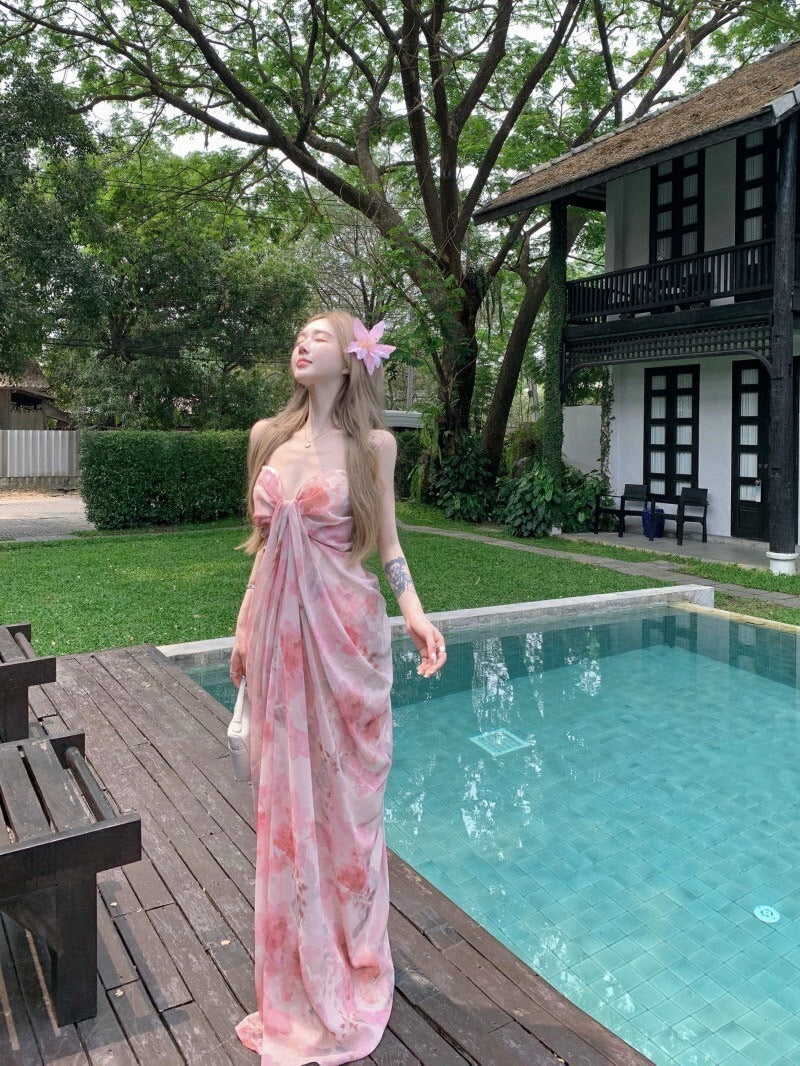 NA+ 春煙扶柳氣質扎染抹胸度假裙 粉