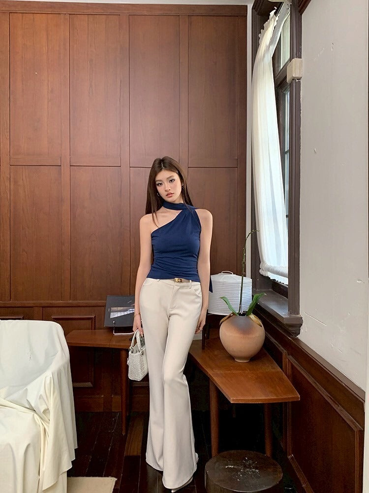 NA+ 溫柔斬女ootd 削肩飄帶藍色背心/高腰休閒米色長褲