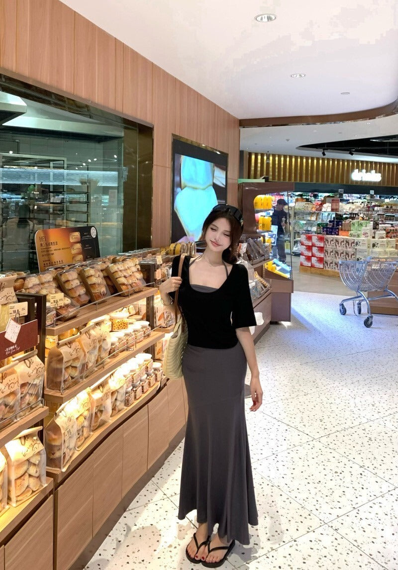 NA+ 輕熟女氣質寬鬆薄款針織上衣/內搭背心半身裙套裝