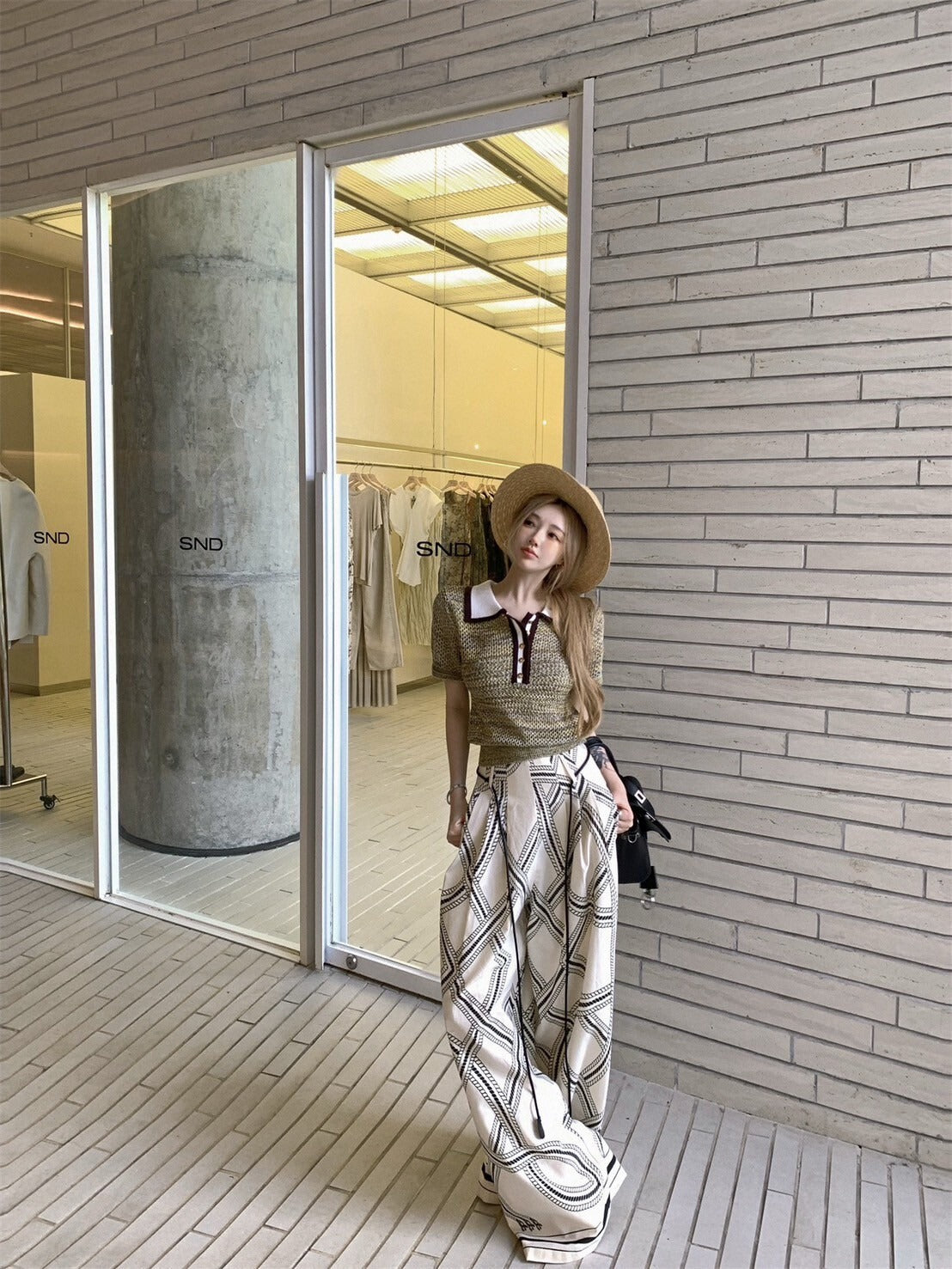 NA+ 老錢私服 貴族感polo領針織上衣/印花休閒褲