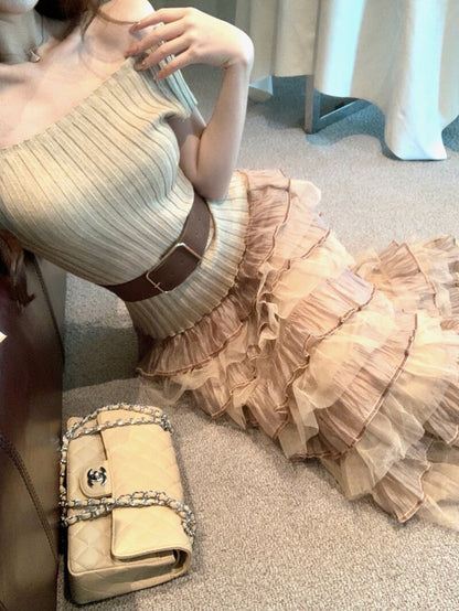 NA+ 輕奢時髦針織上衣 高腰網紗蛋糕裙