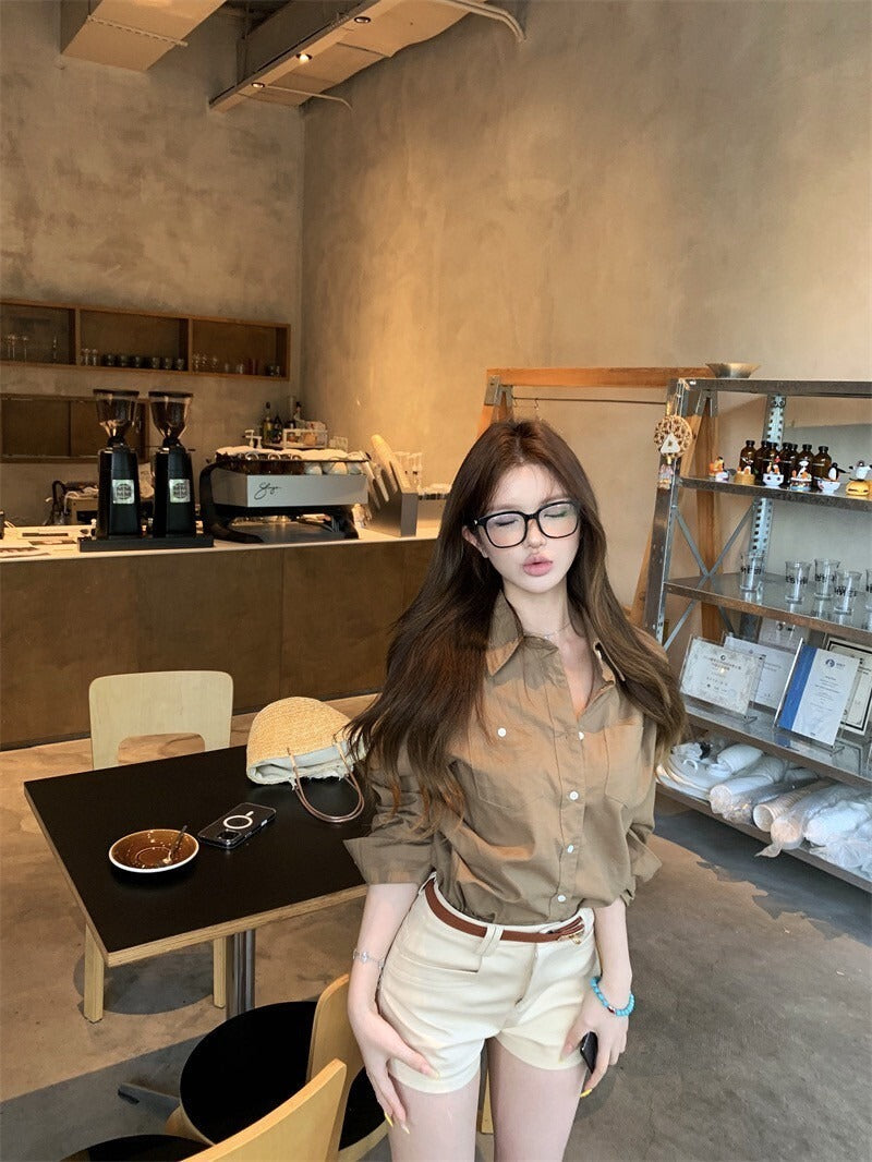 NA+ 率性女神 復古卡其色口袋襯衫/高腰休閒短褲