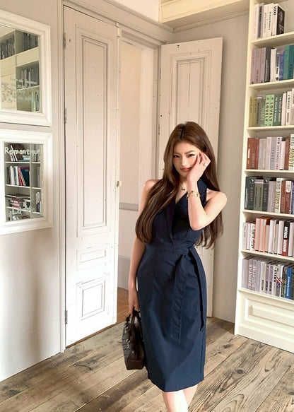 NA+ 時髦女神裙 通勤polo領無袖繫帶連身裙