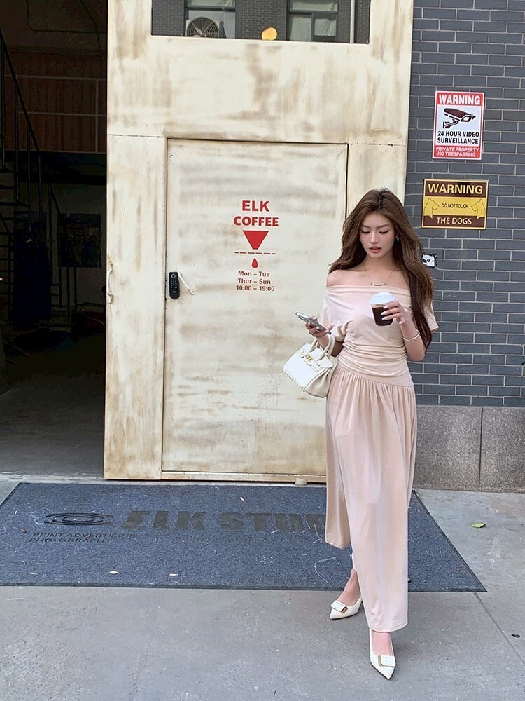 NA+ 日常通勤 杏色一字領懶人顯瘦套裝