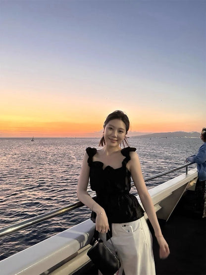 NA+ 娃娃vibe 重工魚線木耳邊繫帶上衣 白/黑