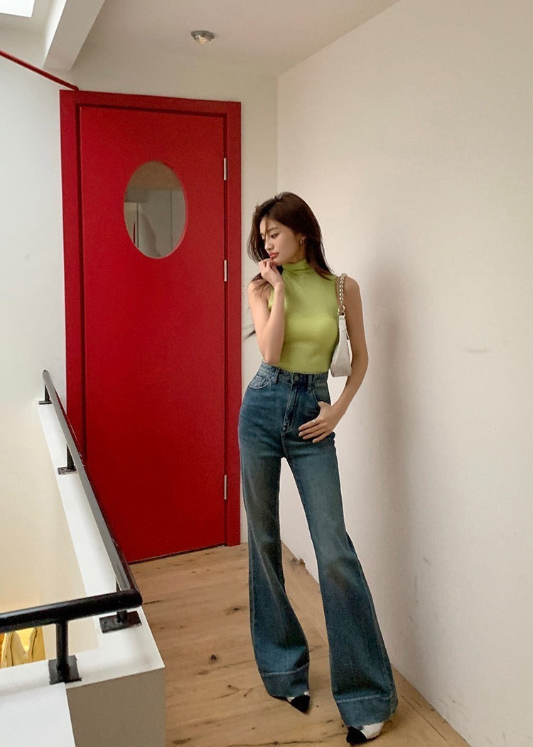 NA+ 超美腿模高腰水洗顯瘦拖地喇叭褲