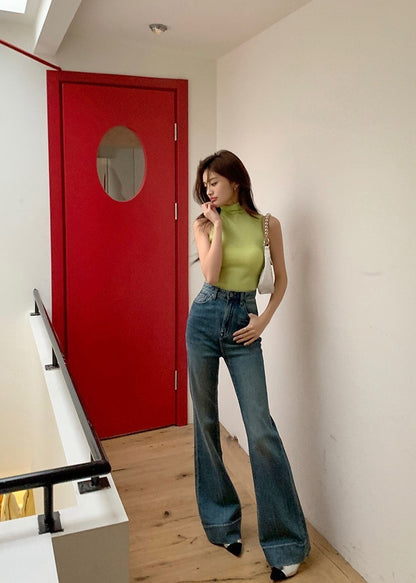 NA+ 超美腿模高腰水洗顯瘦拖地喇叭褲