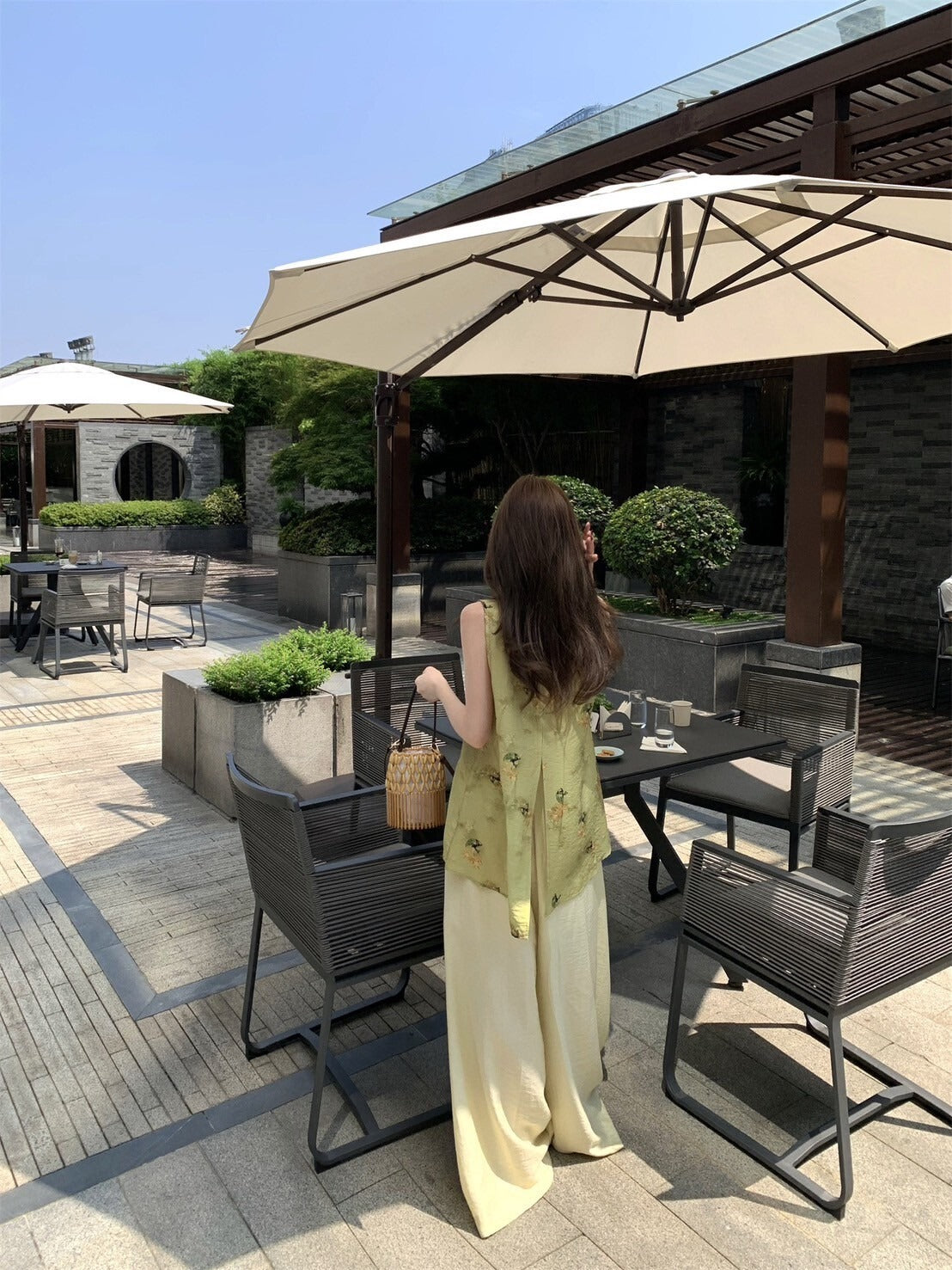 NA+ 飛花落葉 新中式提花背心/高腰闊腿褲