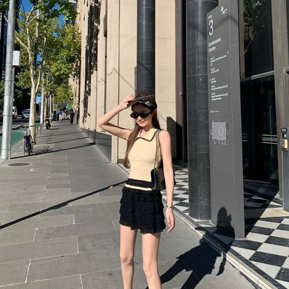 NA+ 戀戀巴黎娃娃領鉤針背心 黑色蛋糕半身裙