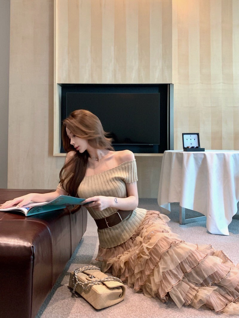 NA+ 輕奢時髦針織上衣 高腰網紗蛋糕裙