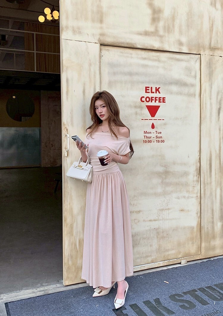 NA+ 日常通勤 杏色一字領懶人顯瘦套裝