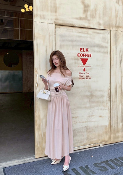 NA+ 日常通勤 杏色一字領懶人顯瘦套裝