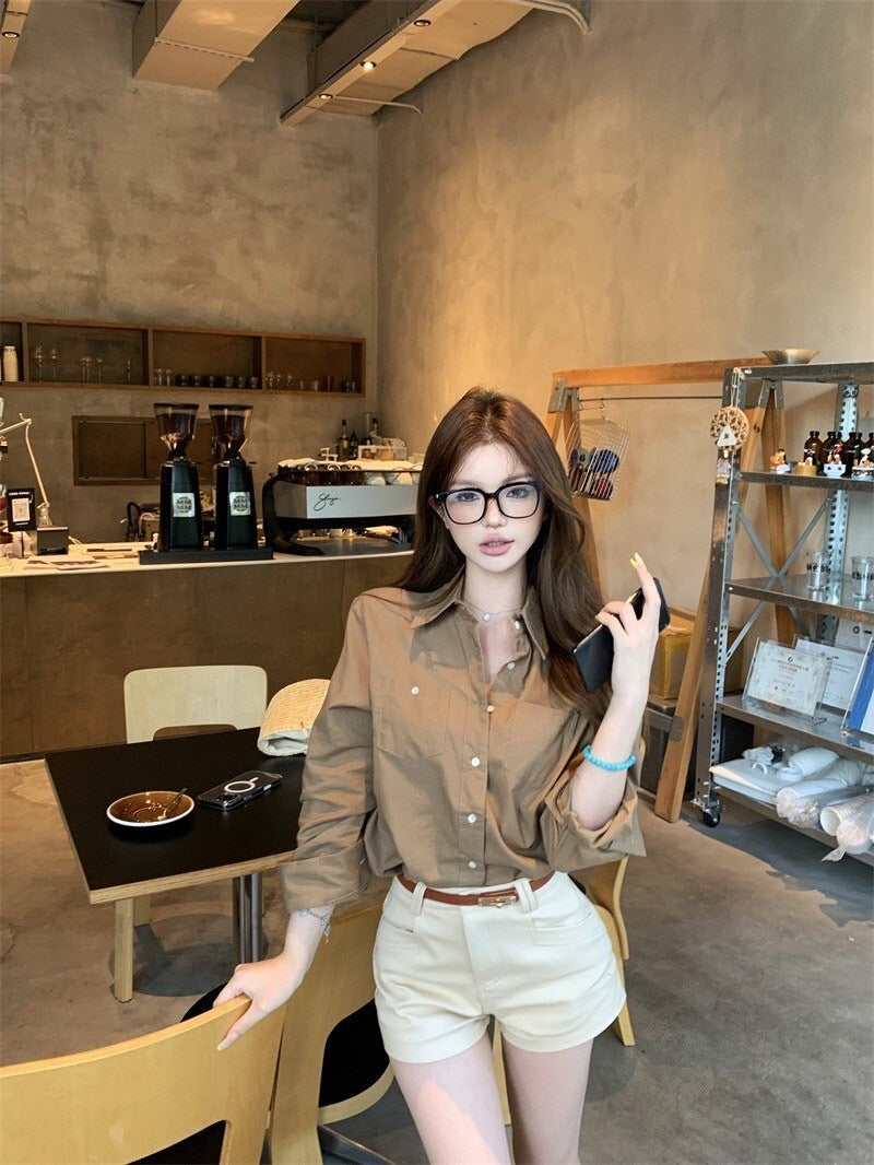 NA+ 率性女神 復古卡其色口袋襯衫/高腰休閒短褲